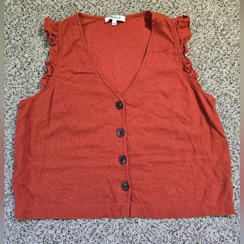 Madewell Red Ruffle Sleeveless V-Neck Linen Blouse - Picture 2 of 8